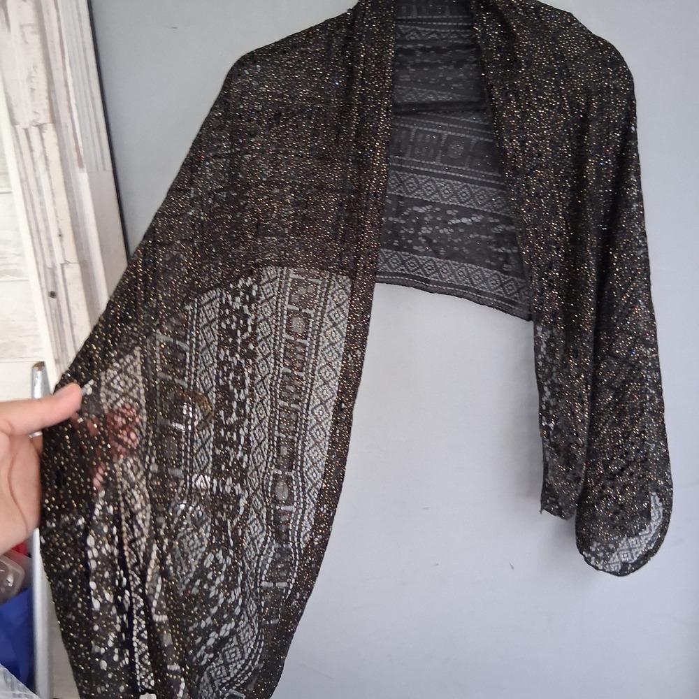 Art Deco Black Gold Metallic Lace Shawl Geometric Evening Wrap Sheer Scarf